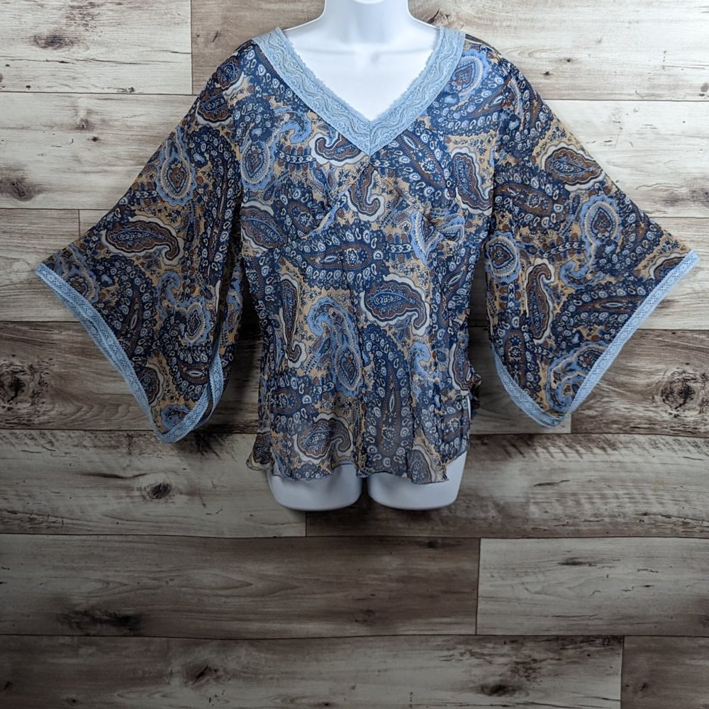 Da Moda* Women's Open Kimono‎ Sleeve V-Neck Curved Hem Sheer Blouse~ Size 1XL